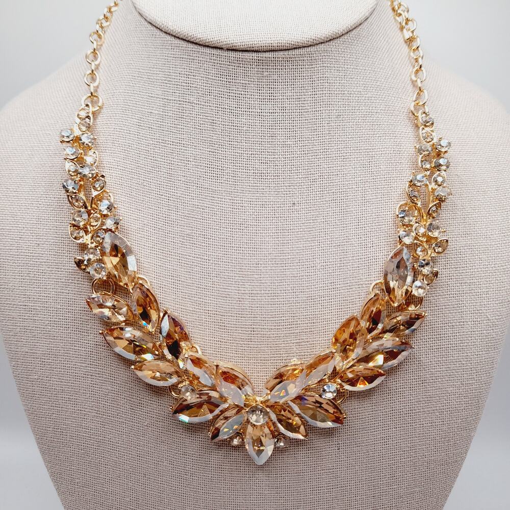 Gold Tone Crystal Rhinestone Statement Necklace, 19", Faceted Marquise Stones